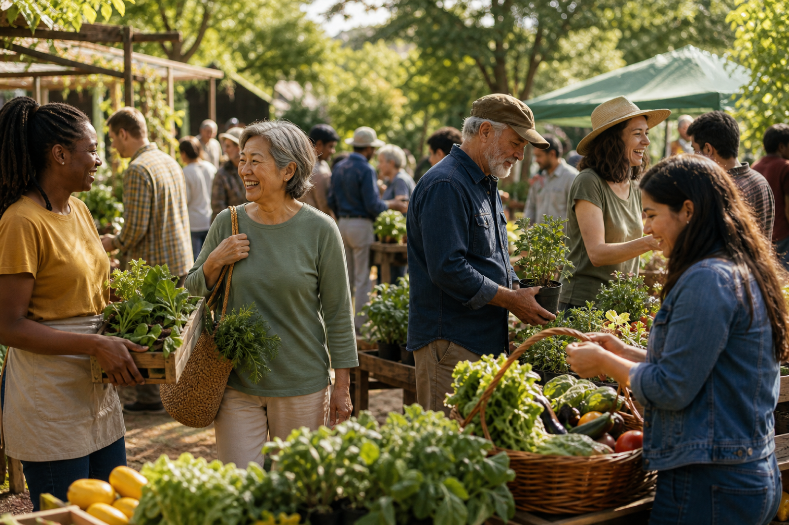 Neighbors at a sunny farmers market and community garden — shopping local and growing together.