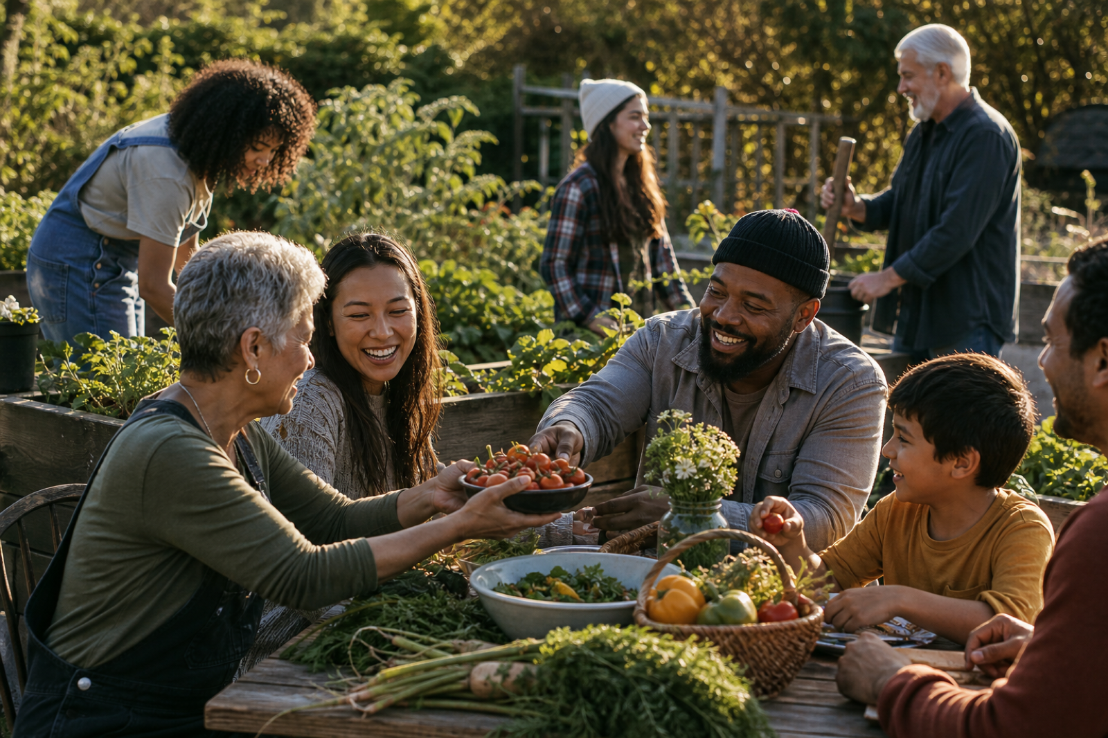 A diverse community sharing a harvest outdoors — neighbors gathering around garden beds.