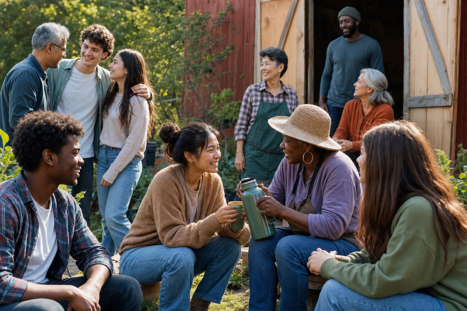 Teens, young adults, and older neighbors talking face-to-face in a community garden — Stay Synced relationships.
