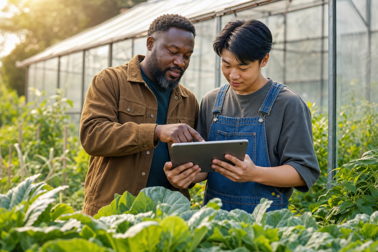 A farmer and apprentice reviewing growing guidance on a tablet in a lush kitchen garden.
